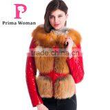 2015 Winter Woman Leather Short Slim Fit Coat With Red Fox Hat Overcoat