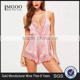 Custom Made Pink Satin Lace Detail Teddy Women Sexy V Neck Pyjama With Elasticated Waist Bodysuit Sleepwear thumbnail-1