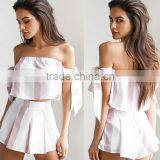 Zm50289b New Style Europe Lady Clothing off Shoulder Stripe Casual Women Two Piece Suit thumbnail-1