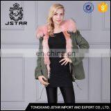 Women Hooded Pink Real Fox Fur Parka With Army Green Shell Material thumbnail-1