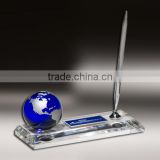 Globe themed office decoration blue crystal globe sets glass globe pen stand