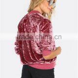 MGOO Custom Label Tag Women Outwear Zip Up Ribbed Trim Velvet Bomber Jacket Coat Pink thumbnail-2