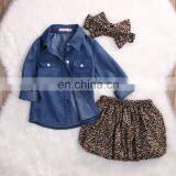 Denim Style Top Matching Leopard Pattern Dress and Headband 3pcs Girls Suit Wholesale Price thumbnail-5