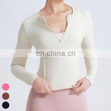 Sexy Breathable Slim Running Clothing Workout Wear Custom Sports Shirt Gym Fitness Top Half Zip Neckline Yoga T Shirt For Women thumbnail-4