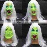 Best selling green halloween latex mask Luminous long hair latex ghost mask sale scary mask latex