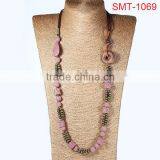 New Fashion Pink Round Natural Lava Rock Wooden Beads Charm Necklace thumbnail-1