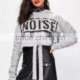 Grey Tie Hem Drawstring Cropped Hoodies Logo Print New Design Fashion Ruched Sleeve Hoodie For Women thumbnail-4