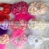 Shabby Chic Flower Feather Headband With Stunning Rhinestone Center - Newborn Baby Girl Hairbow - Photo Prop Hair Bow Bling thumbnail-1