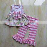 2016 Wholesale Children Clothing Usa Kids Pink Flower Print Ruffled Giggle Moon Remake Outfits for Girls thumbnail-1