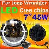 2016 new offroad accessories 7" 45W HI/LOW beam led headlight, auto led headlamp for Jeep Wrangler with angel eyes, waterproof