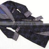 Wholesale Warm Winter Men's Floral Navy Silk Bathrobe With Quilted Gray Shawl Collar