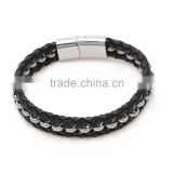 Men's Magnetic Buckle Stainless Steel Rope Leather Bracelet Braided Cuff Bangle Black