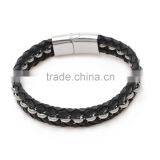 Men's Magnetic Buckle Stainless Steel Rope Leather Bracelet Braided Cuff Bangle Black thumbnail-1