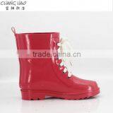 Women Fashion Rubber Rain Boot Pure Pink Ground With White Shoelace Wellington Boots