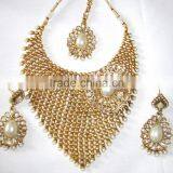 Polki Gold Tone Pearl Bollywood Necklace EARRING Set Bridal thumbnail-1