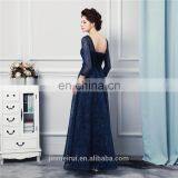 Navy Blue Long Bridesmaid Dresses High Quality Lace Floor Length 3/4 Long Sleeves Sheer Illussion Corset Brides Maid Vestidos De thumbnail-4