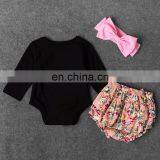 2019 Autumn Newborn Baby Clothes Suit Long Sleeve Letter Print Romper + Floral Shorts + Bow Headband 3pcs Set thumbnail-3