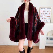 Autumn and Winter Large Loose Imitation Rex Rabbit Fur Collar Slit Design Knitted Fur Cape Warm Cloak thumbnail-2
