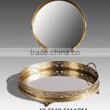 Unique Design Brass Round Tray With Mirror, Hand Engraved Bronze Serving Tea Tray Mouthed With Leaves Edge thumbnail-5