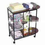 Portable Rolling Wire Shelf Wood Top Kitchen Storage Trolley thumbnail-3