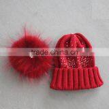 Myfur Latest Design Beige Color Turn Up Beanie With Stone Decoration Real Raccoon Fur Pom Pom thumbnail-5