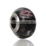Lampwork Glass European Style Large Hole Beads Round Black Transparent Pink Flower With 304 Stainless Steel Silver Tone Core thumbnail-1