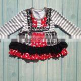 Christmas Red Deer Print Grey Stripe Sleeves Black Lace Ruffle Christmas Winter Dress thumbnail-1