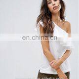 Ladies Latest White Cotton Shirt Cheaper Wholesale Ruffle Design for Women thumbnail-3