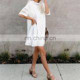 Туники-каверки 2019 года. Белая хлопковая туника-мини платье для пляжа. Летняя женская пляжная одежда. Сексуальная туника с V-образным вырезом и пуговицами спереди, предназначенная как купальник-каверка thumbnail-5