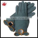 Girls Wearing Cute Suede Darkgreen Bow Leather Glove thumbnail-1