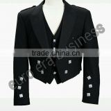 100% Wool Scottish Prince Charlie Jacket with 5 Button Vest & black Tie