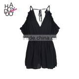 HAODUOYI Women V Neck Halter Neck Stretch Waistband Off Shoulder Culotte Jumpsuit thumbnail-1