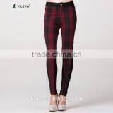 Red Plaid Women Casual Pants With Elastic Fabric thumbnail-1