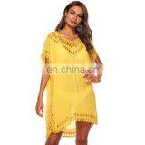 Solid Color V-neck Hand Hook Stitching Sexy Hollow Loose Beach Bikini Blouse Skirt Dress thumbnail-7