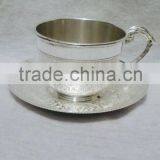 Silver Plated Engraved Brass Tea Coffee Cups & Plated Set Of Four Piece With Serving Tray thumbnail-2