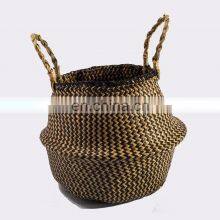 HBK Handmade Foldable Nature Plant Toys Kid Flower Seagrass Laundry Belly Basket With Handle thumbnail-2