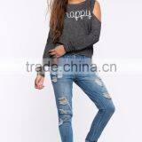 Sexy Cold-shoulder Graphic Print Crewneck Sweatshirt Womens Clothing Fall 2015 thumbnail-6