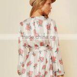 Plunging v Neck Cinched Waist Rose Floral Printed Long Sleeve Short Dress thumbnail-6