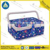 Chinese Style Portable Blue Floral Fabric Sewing Basket With One Handle and Removable Plastic Tray thumbnail-1