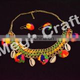 Vintage pom pom boho shell Necklace- Ethnic tribal boho POM POM NECKLACE- colorful pompom Shell Necklaces