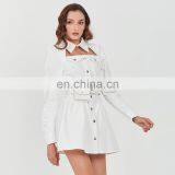 TWOTWINSTYLE Women Summer Dress Lapel Long Sleeve High Waist With Bag Lace Up Hollow Out Designer Mini thumbnail-4