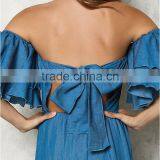 Blue Chambray Off Shoulder Bell Sleeve Maxi Denim Jeans Dress Ladies Western Dress Designs HSd5281 thumbnail-4