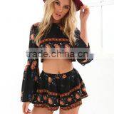 Sexy Scoop Blouses and Short Pants 2016 Women Fashion Flower Printing Two Piece Sets thumbnail-2