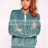Women Velvet Bomber Jacket Green Ribbed Trim Zip Up Coat With Side Pockets With Custom Tag And Label thumbnail-6