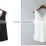 European and American Style Solid Color V-neck Blouses Stitching Gauze Halter T-shirt Tank Top Women thumbnail-4