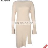 Ladies Cream Bottom Sleeves Cuffs Split Ruffle Dress Sweater