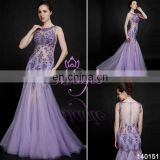2016 new design made in China mermaid see through scoop neck tull purple ctystal evening dresses