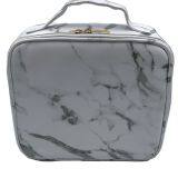 Makeup Travel Case With Adjustable Dividers Marble Makeup Organizer Train Case for Women Portable Cosmetic Bags Green Geometric thumbnail-2