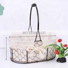 Wholesale Home Decor Picnic Oval Dark Brown Metal Wire Fabric Food Fruit Bread Mix Storage Flower Basket With Handles Flower Vase thumbnail-3