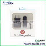 Hot selling 3 in 1 dual port 2A car charger kit with wall charger and USB cable